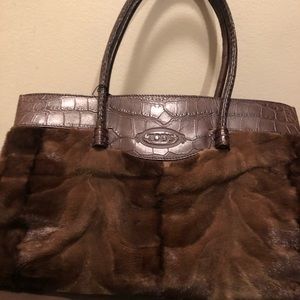NEW Tods brown mink and crocodile embossed leather handle bag w/spec dustbag